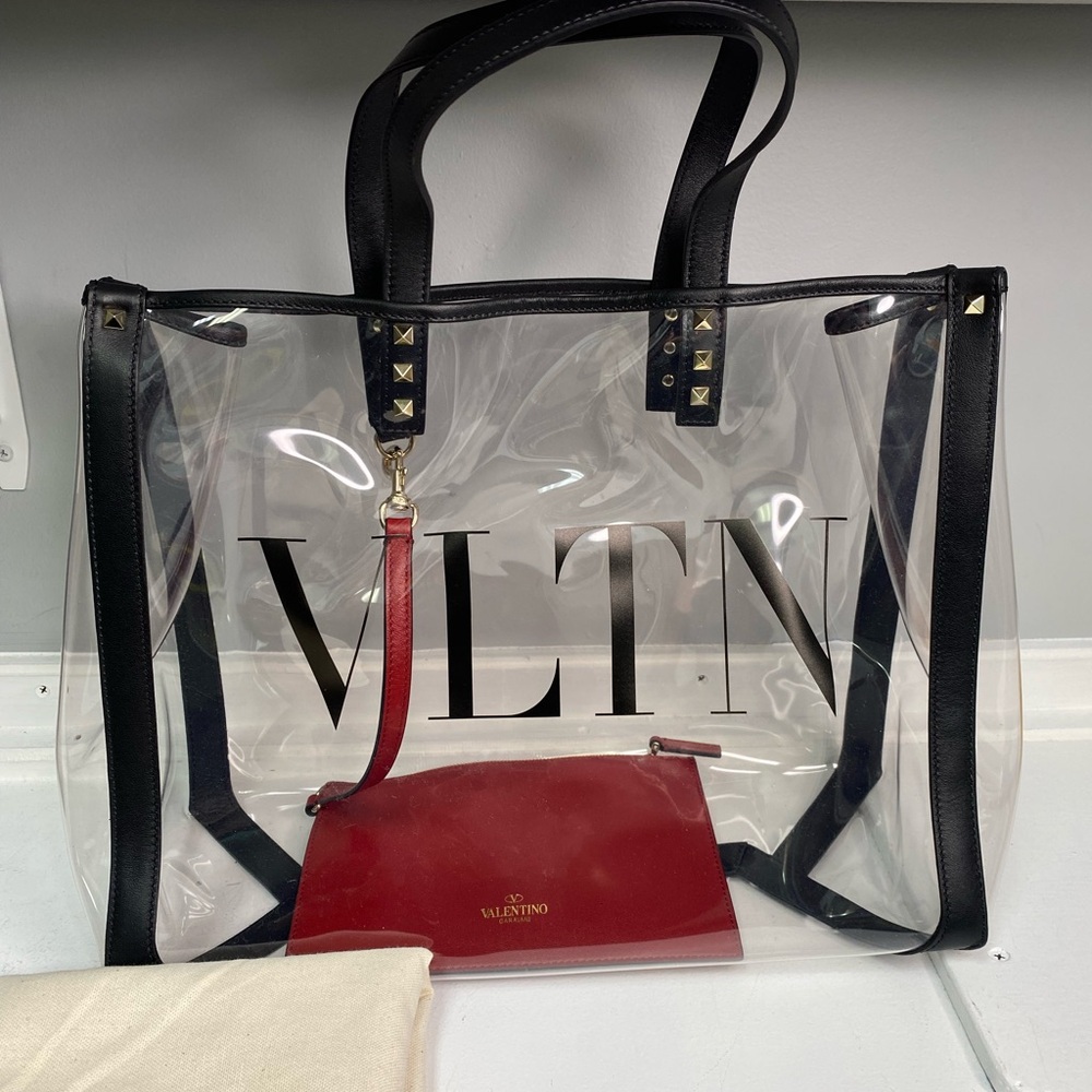 Valentino Garavani Rockstud Transparent Tote with Black Trim and Red leath Pouch